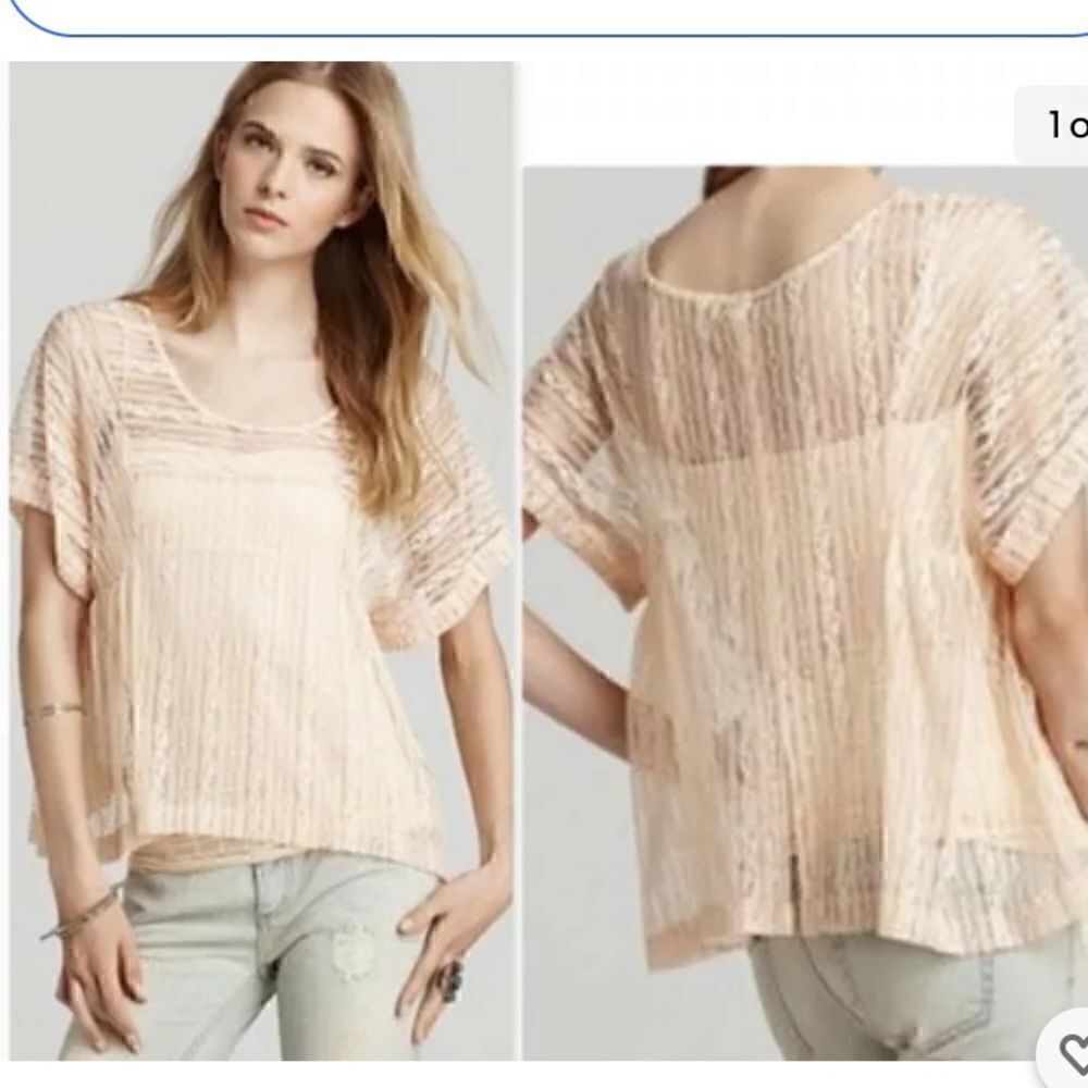 Free People Beige Boxy lace tee shirt top M